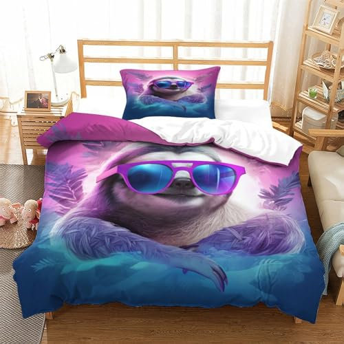 DCABEIOOE Faultier 3D Druck Bettwäsche Bettbezug Und Kissenbezug Mit Reißverschluss Kinder Bettwäsche Single（135x200cm）