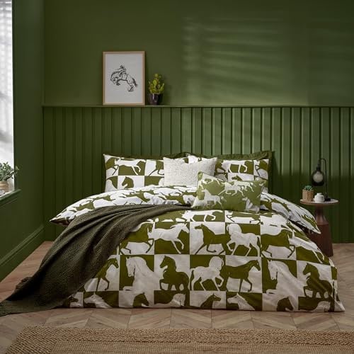 furn. Herve Reversible Duvet Cover Set – Wild Horses Statement Bedding (Olive – King U.K. Standard)