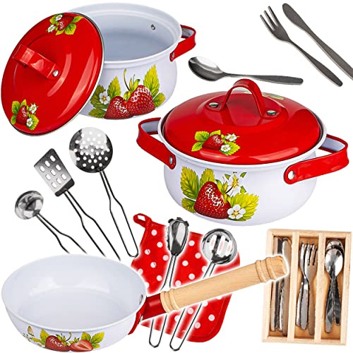 alles-meine.de GmbH 24 TLG. Set Kochset & Topfset - Puppengeschirr/Kochtopfset - Erdbeere - aus Metall/Emaille - echte Blech Töpfe/Panne + Küchenhelfer - Kochgeschirr - P..