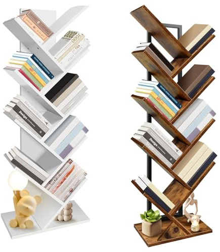 Bowose Book Shelf Tree Bookshelf Tall,10-Tier Bookcase Floor Standing Bookshelf,Tall Book Storage,Small Shelf Unit with Branch Shape for Living Room,Study Room,CDs,Albums,Brown