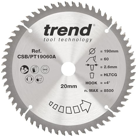 Trend Tungsten Carbide Circular Saw Blade, 190mm Diameter, 20mm Bore, 60 Teeth, 2.6mm Kerf, +4° Hook Finish, CSB/PT19060A