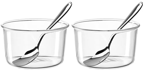 LEONARDO HOME VETRO Schalenset • 4 tlg. Set • 2 Löffel & 2 Schälchen • Hitzebeständig • Geeignet für Ofen & Mikrowelle • Für Desserts & kleine Küchlein • Vielseitig • Höhe 5,5 cm • klar • 025369