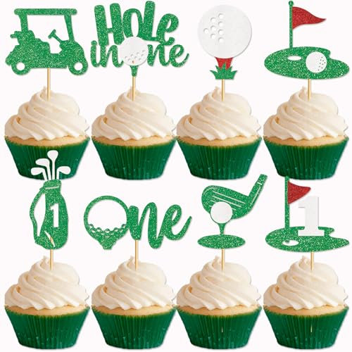 24PCS Golf Cupcake Toppers Golf Cake Decorations Glitter Hole In One Birthday Decorations for Golf Theme Baby Shower Kids 1st Birthday Party