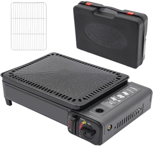 Campingkocher, 0.25-0.3MPa Camping Gaskocher, Gasgrill inkl mit Grillplatte und Tragekoffer, Gaskocher für Camping, Einstellbare Feuerkraft Gas Grill für camping und Reisen