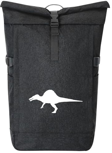 Huuraa Kurierrucksack Spinosaurus Dinosaurier Geschenk | 30-44 Liter Backpack Black Melange Fairtrade Rolltop Rucksack Geschenkidee Schwarzer Laptop-Rucksack passend für 17-Zoll