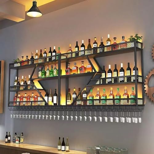 Generisch Scaffale da parete per vino con illuminazione a LED, in metallo, con scaffale per bicchieri da vino, a 3 livelli, montaggio a parete, moderna da appendere, per casa, bar, ristoranti (nero