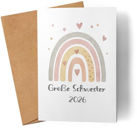 Lilavie-Design Große Schwester 2026 Boho Regenbogen Motiv Karte Grußkarte Geschenk Herz Pastell Vintage Familie Geschwister