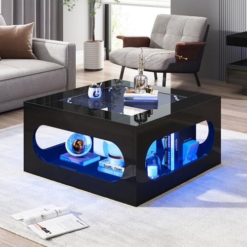 70*70*35cm quadratischer Wohnzimmertisch, ausgehöhlter Couchtisch in der Mitte, Teetisch mit Tischplatte aus gehärtetem Glas,Hochglanz LED Wohnzimmer Beistelltisch,Weihnachtsfeiertisch,Schwarz, MDF