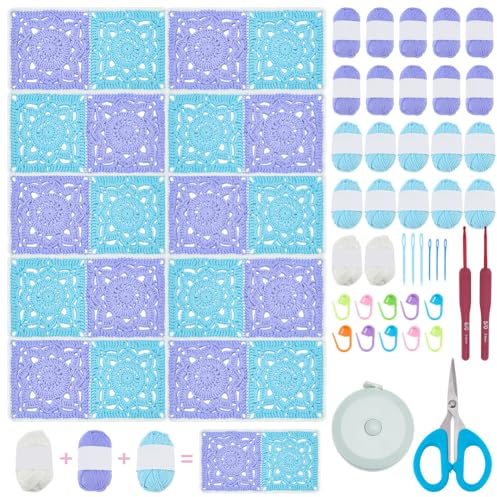 WEBEEDY Häkeldecke Set Mit Granny Squares Für Anfänger Häkeldecke Starter Set Mit Video Tutorials Häkelt Garn Haken Für Erwachsene Einfaches Stricken Weihnachtsdekoration (Blau)