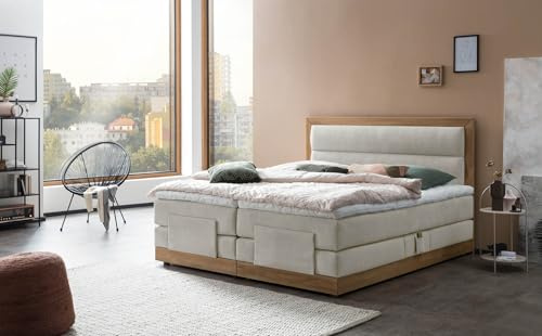 Belanoti MODELA Boxspringbett 100x200 elektrisch verstellbar 7-Zonen Taschenfederkern Matratze inkl Visco Topper Bett 100x200 mit Motor Farbe Beige H2/H3 Polsterbett Motorbett Massivholz Eiche