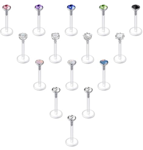 CIZME Labret Piercing Bioflex Transparent 1.2mm Lippenpiercing Set Plastik | Piercing Lippe Stecker Mix mit Zirkonia Kristall, Medusa Tragus Helix Ohr Schmuck, 15er Pack