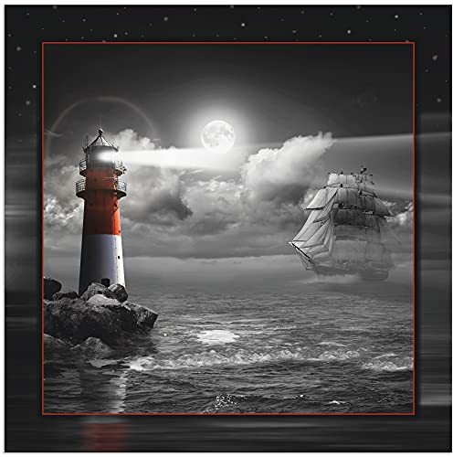 ARTland Wanddeko Wandbild Alu Verbundplatte für Innen & Outdoor Bild 100 x 100 cm Maritim Meer Küste Strand Leuchtturm Segelschiff Mond Wolken bei Nacht T6GH