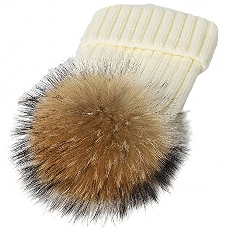 feifanshop Warm Mütze Pelz Bommel Echtpelz Waschbär Ski-Mütze Fellbommel Pelzbommel Raccoon (Weiß)