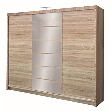 Kleiderschrank mit LED-Beleuchtung Malibu, Modernes Schwebetürenschrank, 250 x 215 x 61 cm, Schiebetür, Schlafzimmerschrank, Schlafzimmer (250 cm, Eiche Sonoma/Spiegel)