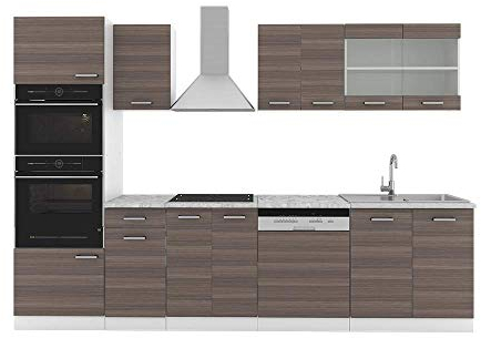 Vicco Küchenzeile R-Line, Edelgrau/Weiß/Weiß, 300 cm mit Hochschrank, ohne Arbeitsplatte