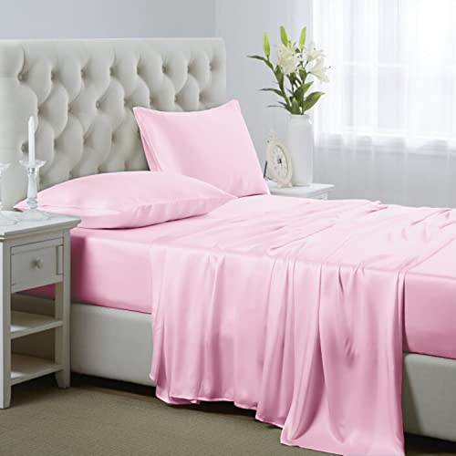 Lanest Housing Seidensatin-Bettlaken, 4-teiliges Queen-Size-Bettwäsche-Set mit tiefen Taschen, kühlend, weich und hypoallergen, Satin-Bettlaken für Queensize-Bett – Rosa