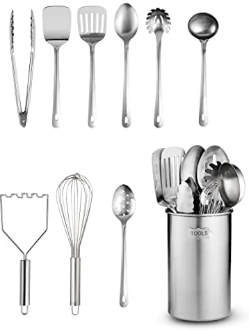 Ensemble d'ustensiles de cuisine en acier inoxydable – 10 pièces premium antiadhésif et résistant à la chaleur, spatule, cuillère à spaghetti, louche, tungs, presse-purée et support à ustensiles