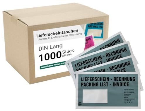 dm-folien Lieferscheintaschen DIN LANG I 1000 Stück I Selbstklebende Versandtaschen mit Aufdruck I Hellblau-transparentes Paketzubehör für Lieferscheine & Rechnungen I Versandzubehör aus PP