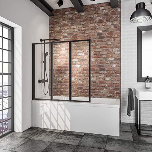Schulte pare-baignoire à coller 127 x 121 cm, noir, 3 volets pivotants (47+40+40), fixation sans percer, écran réversible rabattable, verre de sécurité 3 mm transparent, joint d'étanchéité