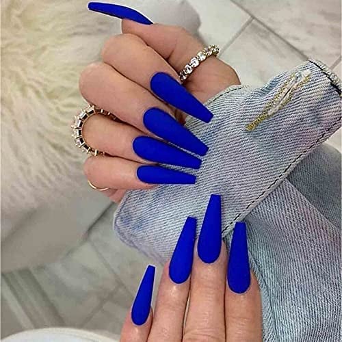 Yheakne Lot de 24 faux ongles extra longs en acrylique avec motif cercueil - Pour femme et fille - Bleu