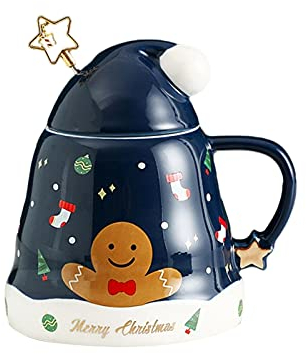 Frdun Weihnachtliche Keramiktasse mit Deckel und Löffel, Weihnachts-Kappenform, glasierte Tasse mit Festival-Cartoon-Motiv, kreatives Geschenk für Kinder und Freunde