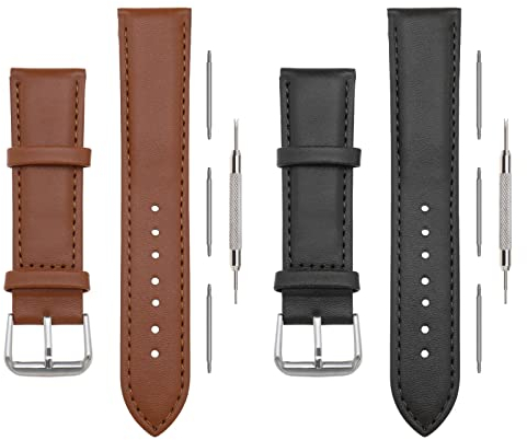 The Lord of the Tools 2 Stück 20 mm Leder-Uhrenarmbänder mit Entfernungswerkzeug, wasserdicht, schweißfest, Ersatz-Uhrenarmbänder, 1 Stück Schwarz 1 Stück Braun