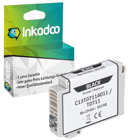 Inkadoo Tinte für Epson C13T07114011 / T0711 Schwarz Kompatibel Stylus DX 5000 Stylus D 78 Stylus SX 400 105 400 WiFi, ca. 260 Seiten Tintenpatrone, Druckerpatrone, Patronen, Druckertinte