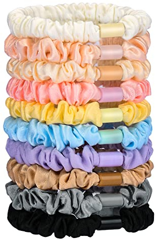 JessLab Scrunchy Hair Ties, 10 Pcs Silk Satin Hair Ties Ponytail Holders Gentle Elastic No Damage Scrunchies Hair Bands Stretchy Hair Accessories for Girls Women Ladies, Color Assorted, Satin