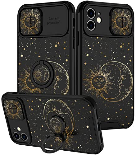 Goocrux (2in1 for iPhone 11 Case Sun Moon Stars for Women Girls Cute Space Phone Cover Fashion Golden Star Print Design with Slide Camera Cover+Ring Holder Cases for iPhone 11 6.1''