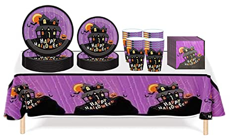 Set Stoviglie per Feste di Halloween 16 Ospiti,Viola Pipistrelli Piatti Tazze Asciugamani di Carta Tovaglia Plastica Stoviglie Usa e Getta,Biodegradabili Set Piatti Decorazione Desktop per Halloween