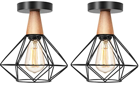 LIGKIN 2 Stücke Deckenleuchte Vintage, Deckenlampe Industrielle aus Eisen Käfig Lampenschirm, Deckenlampe Holz mit E27 Fassung, Deckenbeleuchtung für Esszimmer, Wohnzimmer, Schlafzimmer(Ø 220mm)