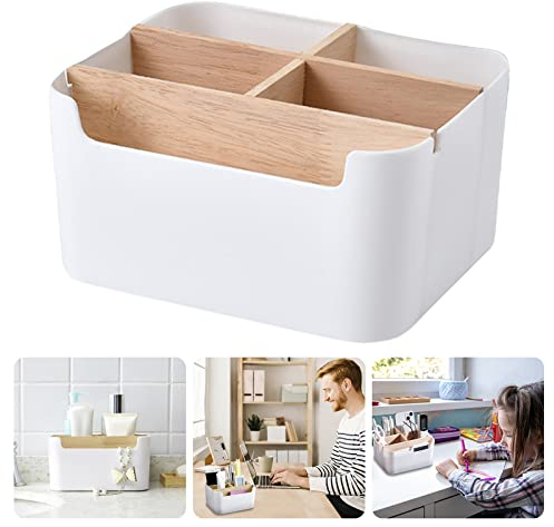 Bambus Tisch Organizer Desktop, 5 Fächer Holz Desktop Stift, Schreibtisch Organizer Weiß, Aufbewahrungsbox, Holz Desktop Fernbedienungshalter, Desktop Organizer für Kosmetika, Kleine GegenstäNde