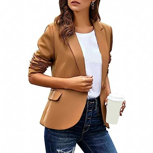 L9WEI Blazer pour femme - Couleur unie - Manches longues - Élégant revers - Blazer fin - Pour le bureau - Pour l'automne, kaki, S