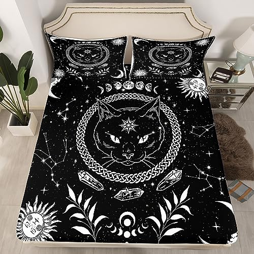 Mysterious Cat Animal Bedding Set Twin Size Boho Exotic Tribal Abstract Art Bed Set for Teens Bedroom Kids Sheet Microfiber Boho Exotic Tribal Abstract Art Bed Cover (1 Fitted Sheet+1 Pillow Case)