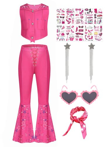 Mrsclaus Cowgirl Kostüm für Mädchen Kinder Cowboy Kostüm Flare Hose mit Schal Brille Ohrringe für Retro 70er 80er Jahre Disco Halloween Fasching Mottoparty Pink PP C038-120