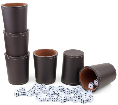 RERIVER Filtfodrad läder tärningskopp-set, 6 tysta tärningar shaker-koppar med 36 tärningar för barfest Yahtzee Farkle tärningsspel, kaffe