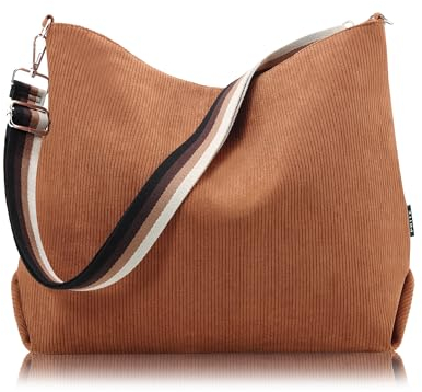 Prite Shopper Tasche Damen Groß Cord Tasche Tote Bag mit Verstellbarem Schultergurt für College Schule Arbeit Reisen Einkaufen(Braun)