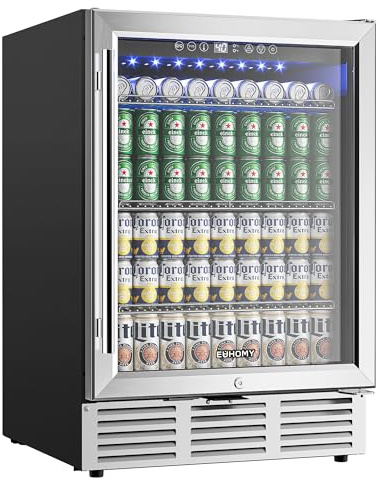 EUHOMY 24 Inch Beverage Refrigerator, 180 Can Built-in Beverage Cooler, Under Counter Beer Fridge with Glass Door for Soda, Water, Wine - For Kitchen, Bar or Office