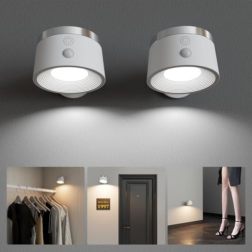 Speclux Motion Sensor Wall Light Indoor 2Pcs, 3500mAh Rechargeable Battery Operated LED Wall Light, Wall Lamp Wireless with 360 ° Rotation, 3 Color Temperatures for Bedroom, Study, Corridor, Picture