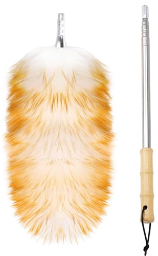 Natural Feathers Duster,Lambswool Duster with Solid Wooden Long Handle and Stainless Steel Extension Pole Up to 87.8 for Cleaning High Ceiling Fan, High Ceilings,Furniture,Hard to Reach Areas