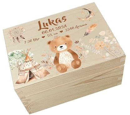 Personalisierte Erinnerungsbox Baby Boho mit Hochwertigem Farbdruck - Individuelle Baby Erinnerungsbox - Erinnerungskiste aus Holz - Geschenk zur Geburt… (Bär)