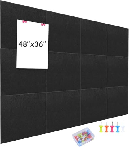 testyu Lot de 12 Grand Tableaux D'affichage en Feutre, 120 x 90 cm, avec 30 Punaises et languettes Adhésives, pour Photos et Mémos, pour la Maison, la Cuisine, le Bureau et l'école (Noir)