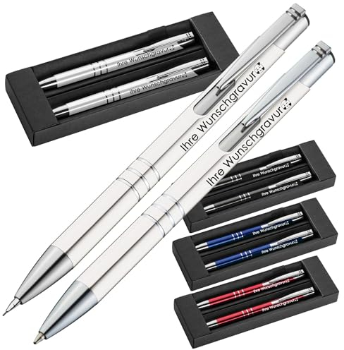 Juwelier Schönschmied Schreibset Mit Kugelschreiber & Druckbleistift Aus Metall Mit Gravur | Blau Schreibend | Personalisierte Kullis | Gravierter Name (1) Weß