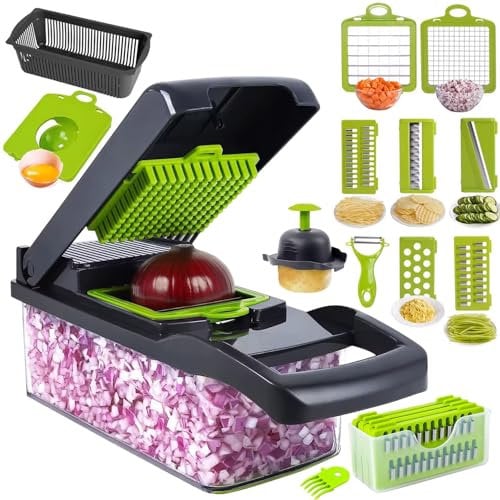 Mandoline 16-en-1 - Coupe-Légumes Multifonction avec Lames Interchangeables, Râpe, Trancheuse, Éminceur, Hachoir et Accessoires de Sécurité - Idéale pour Fruits, Légumes, Salades et Plus