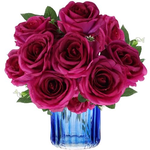 astylishome Outdoor Artificial Flowers Pink Fake Rose Flower 10 Pcs Roses with Stems for Home Wedding Hotel Office Centerpiece DIY Floral Arrangements Decor 1212