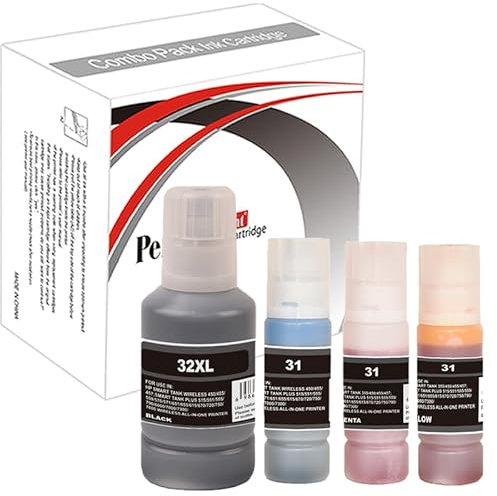 PP 32XL 31 Ink Bottle For Printer, Compatible With HP 5105 555 7005 7006 7305 7306 7605 7606 500 550 555 559 570 600 650 655 450 455 457 Black, Cyan, Magenta, Yellow(4-Pack)