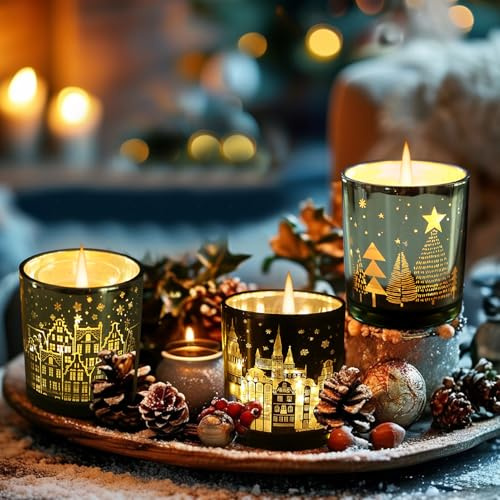 Weihnachtsdeko Innen Kerzenhalter,3er Set Kerzen Windlicht Glas Kerzenhalter Weihnachtsdekoration Tisch Fensterbank Weihnachtsbeleuchtung Weihnachten Deko Kerzenständer für Wohnzimmer Dekoration (3er)