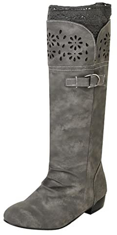 TDEOK Stivali da cavalleria piatti da donna in inverno e in inverno, stivali singoli, pizzo cavo, stivali medi da donna bianchi plateau, grigio., 42 EU