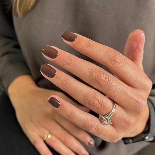 SXVME Dark Brown Press on Nails Short Square Acrylic Short False Nails Coffin Natural Acrylic Fake Nails Set Elegant Solid Color Full Cover Glossy Gel Stick on Nail for Women Daily Wear 24 Pcs