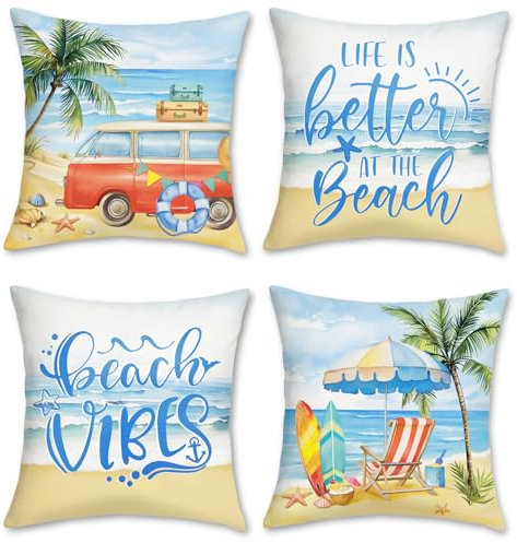 Bonhause 4er Set Kissenbezüge Sommer Strand 45 x 45 cm Tropischer Baum Brandung Ozean Küsten Dekorative Kissenhülle Zierkissenbezüge für Sofa Wohnzimmer Zuhause Dekoration